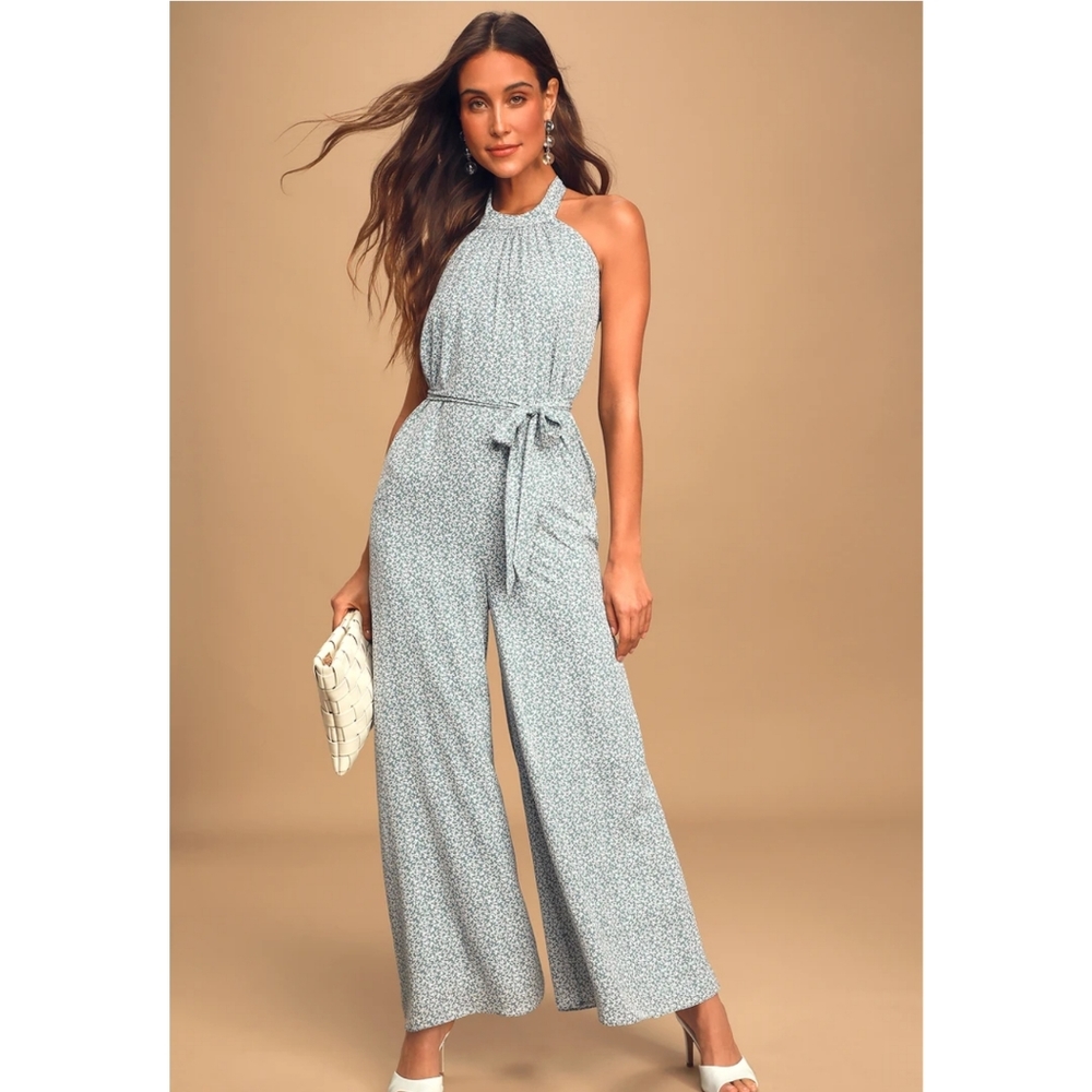 Lulus blue & white floral halter jumpsuit
